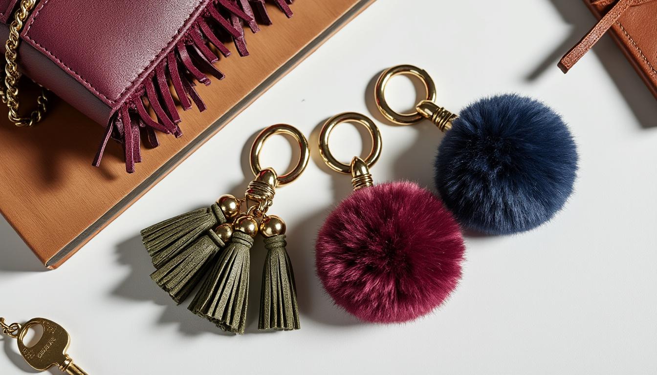 découvrez nos bijoux de sac en cuir avec pompons colorés, parfaits pour ajouter une touche d'élégance et de style à votre look quotidien.