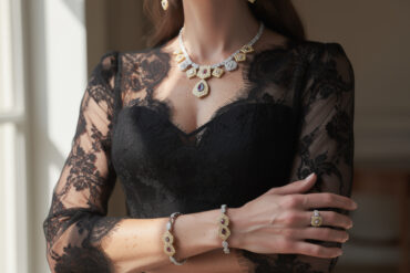 découvrez notre sélection de bijoux élégants conçus spécialement pour sublimer votre silhouette avec une robe en dentelle noire, alliant style et raffinement.