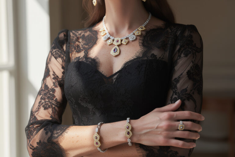 découvrez notre sélection de bijoux élégants conçus spécialement pour sublimer votre silhouette avec une robe en dentelle noire, alliant style et raffinement.