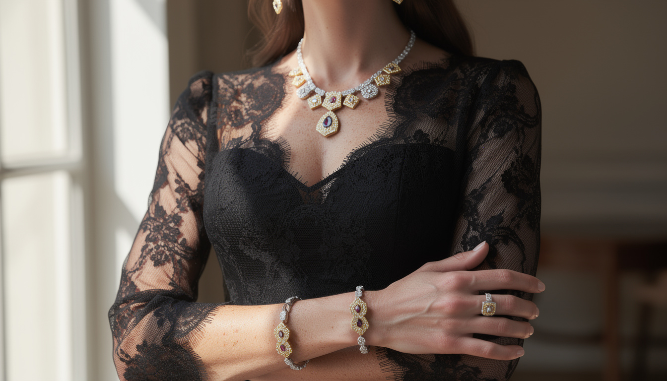découvrez notre sélection de bijoux élégants conçus spécialement pour sublimer votre silhouette avec une robe en dentelle noire, alliant style et raffinement.