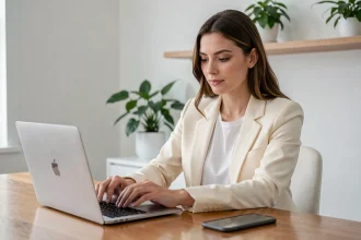 Jeune femme influenceuse travaillant sur son contenu réseaux sociaux dans un bureau minimaliste moderne