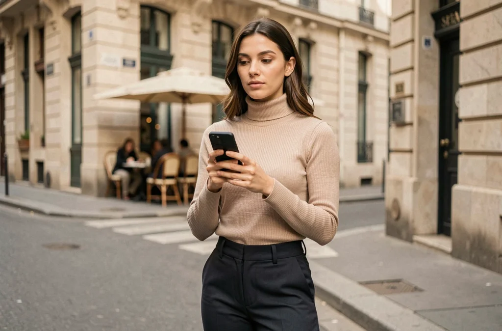 Influenceuse française consultant son smartphone dans une rue parisienne pour sa carrière sur les réseaux sociaux