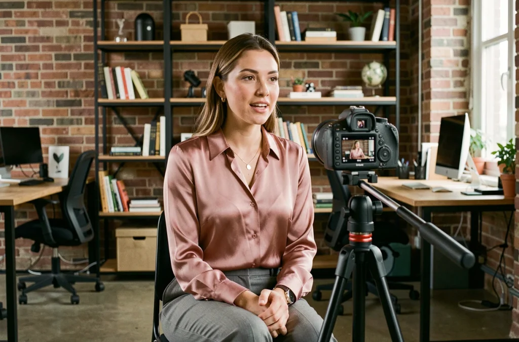 Jeune femme en train de filmer du contenu vidéo dans un studio créatif moderne pour sa carrière d'influenceuse