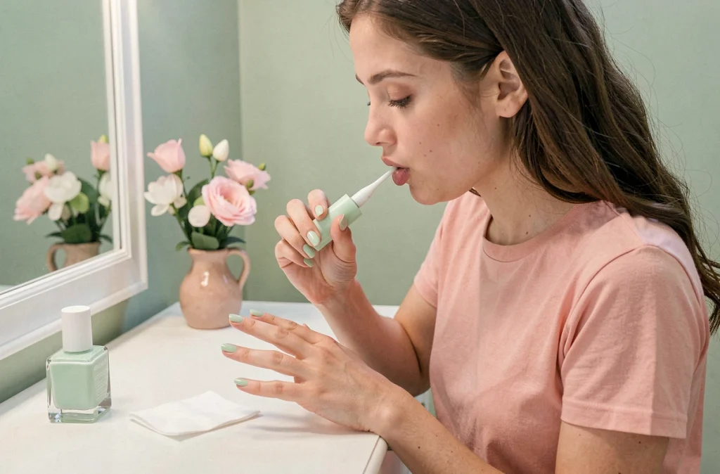 Jeune femme appliquant un vernis pastel vert menthe sur ses ongles devant une coiffeuse printanière
