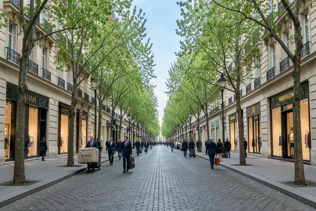 Vue grand angle de l'Avenue Montaigne à Paris avec ses boutiques de luxe et ses passants élégants au printemps