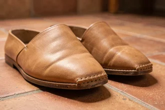 Paire de babouches homme en cuir véritable tan posée sur carrelage terracotta, détail artisanal du surjet et texture grain cuir naturel