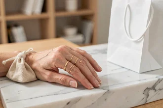 Bagues fines dorées empilées sur une main posée sur du marbre avec un sac shopping minimaliste