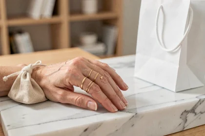 Bagues fines dorées empilées sur une main posée sur du marbre avec un sac shopping minimaliste