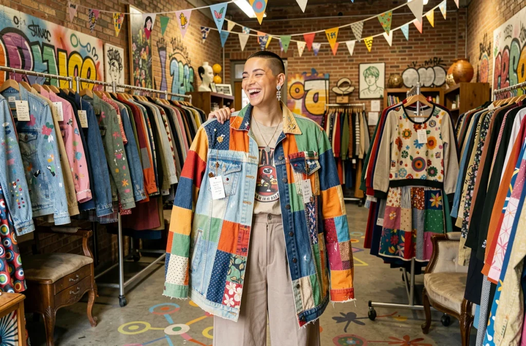 Intérieur de la friperie créative Biarts à Toulouse avec une cliente riant en tenant un blazer upcyclé dans un espace aux murs en brique et aux vêtements vintage transformés