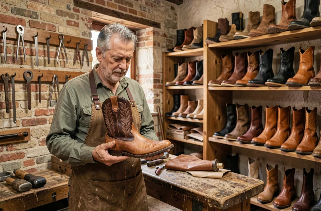 Artisan bottier tenant une botte gardiane artisanale en cuir à Aigues-Vives, atelier traditionnel avec outils vintage et étagères de bottes faites main