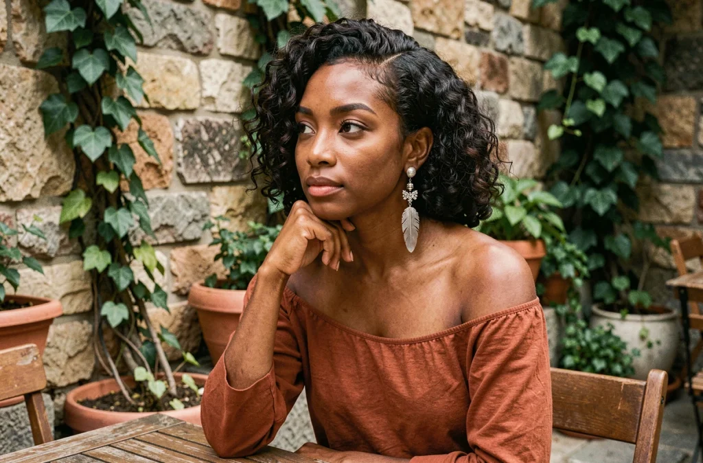 Femme aux cheveux naturels portant une boucle d'oreille pendante en argent style bohème dans un café en pierres