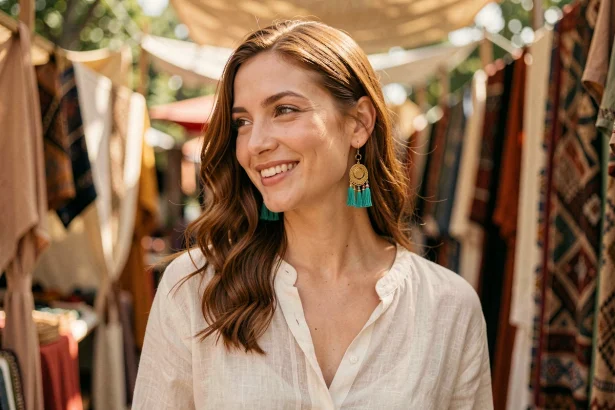 Femme portant une boucle d'oreille pendante bohème dorée et turquoise dans un marché artisanal en plein air