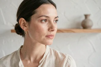 Femme portant une boucle d'oreille minimaliste dorée en anneau fin, mise en valeur sur fond blanc épuré dans un intérieur scandinave