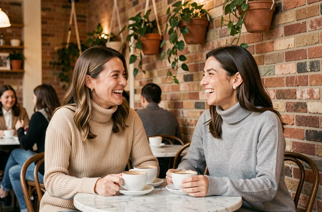 Deux femmes portant des boucles d'oreilles minimalistes dorées et perles dans un café parisien, ambiance décontractée et élégante