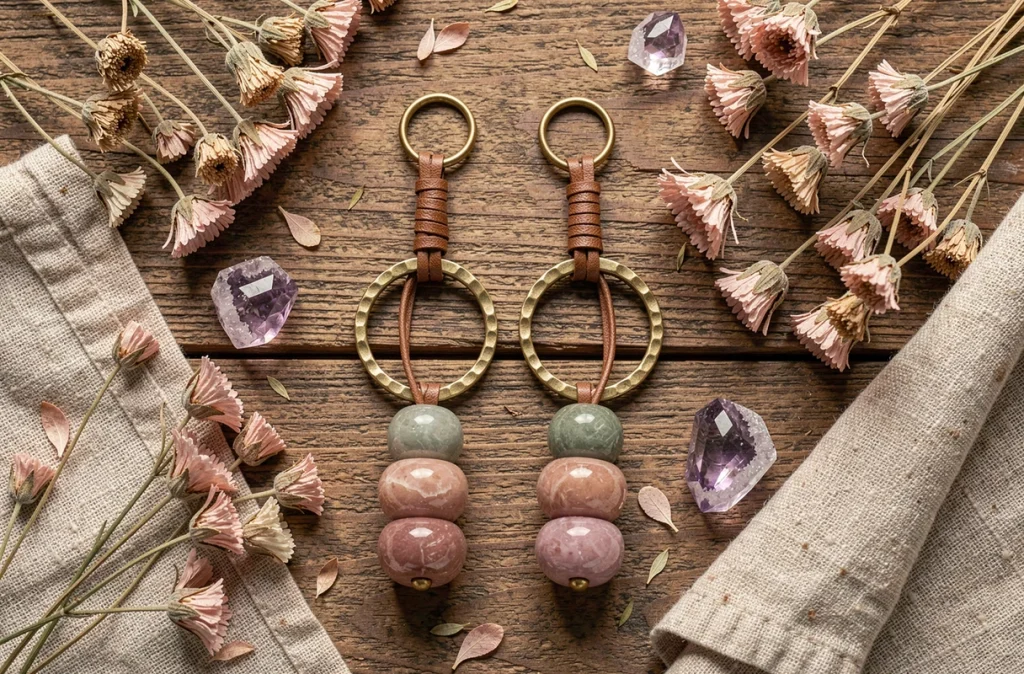 Boucles d'oreilles pendantes bohèmes artisanales en laiton et pierres semi-précieuses posées sur bois rustique avec fleurs séchées