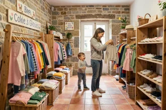 Intérieur d'une boutique de vêtements pour enfants en Bretagne avec une mère et son enfant parcourant des rayons colorés