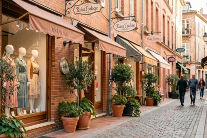 Vue d'une rue commerçante animée à Toulouse avec des boutiques de vêtements indépendantes aux façades en brique rose et des mannequins élégants en vitrine