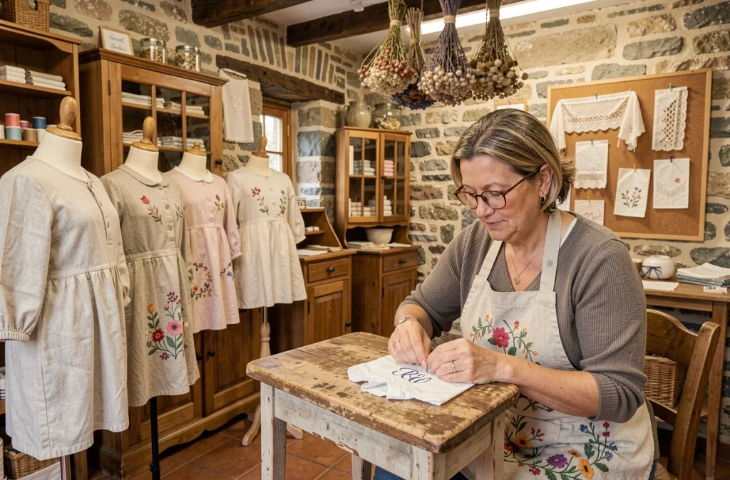 Artisane de Brodeco Cotcoton à Lannilis brodant des initiales sur un col d'enfant dans une boutique aux murs en pierre