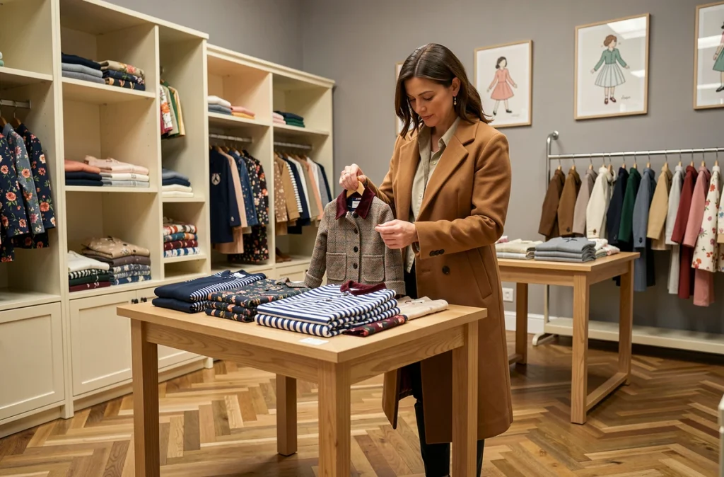 Boutique Catimini à Brest avec des vêtements pour enfants raffinés exposés sur des présentoirs en bois élégants