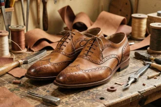 Paire de chaussures Oxford artisanales françaises en cuir cognac posées sur un établi de cordonnier parisien avec outils vintage