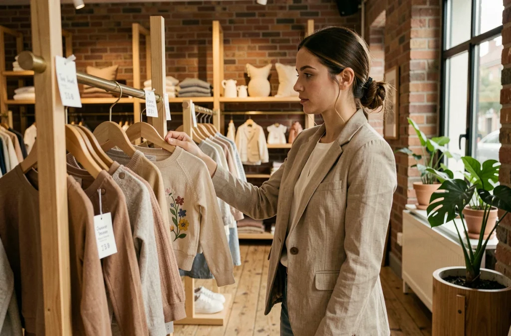 Intérieur élégant du concept-store Chérie Chéri à Rennes avec des vêtements pour enfants exposés sur des rails en laiton