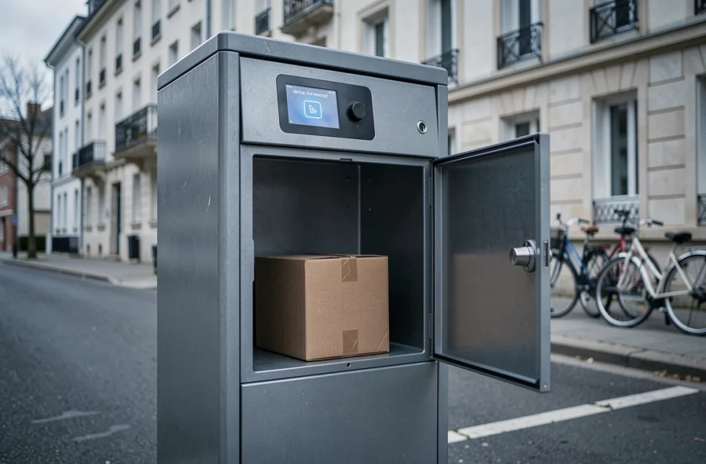 Colis Vinted non récupéré abandonné dans une consigne automatique en extérieur dans une rue résidentielle française