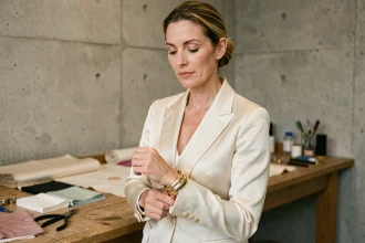 Femme en blazer de soie ivoire portant un bracelet manchette en or dans un atelier de haute couture parisien, illustrant la collaboration entre maisons de mode et joailliers