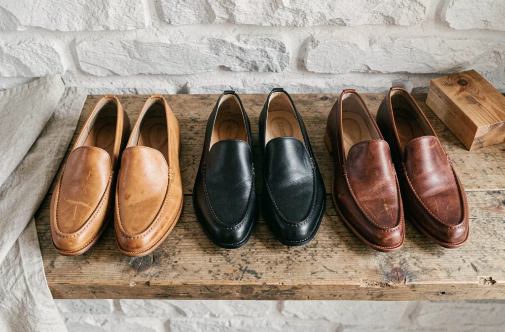 Trois paires de babouches homme en cuir véritable camel, noir et cognac disposées sur une étagère en bois rustique avec détails artisanaux