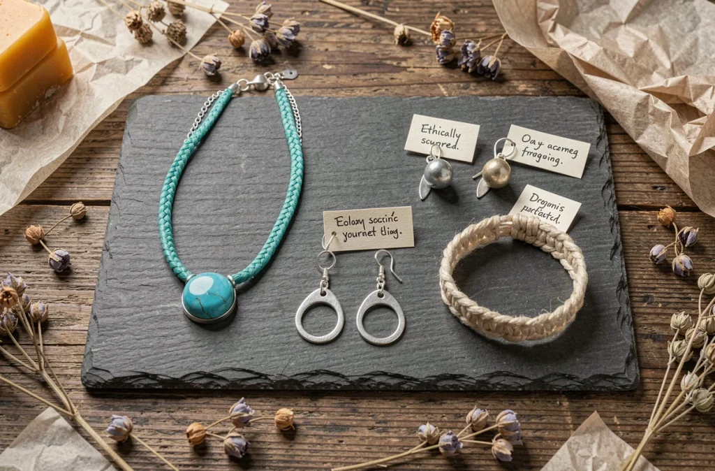 Collection de bijoux artisanaux écoresponsables en argent recyclé et pierres sourcées éthiquement sur ardoise