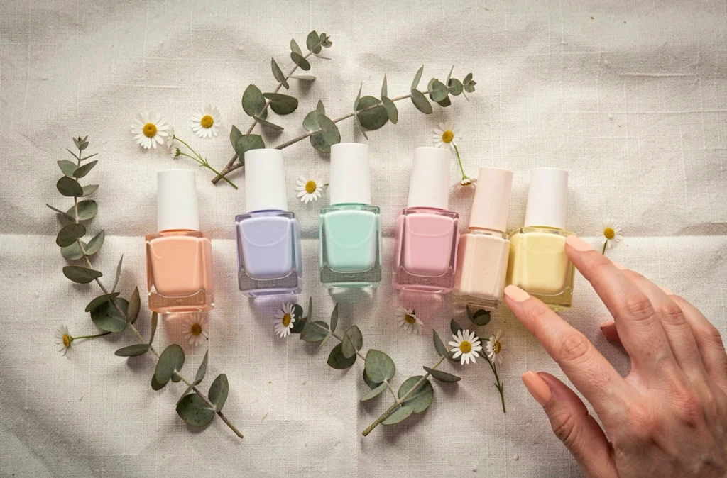 Flat lay de flacons de vernis pastel en nuances printanières disposés sur du lin avec des fleurs séchées