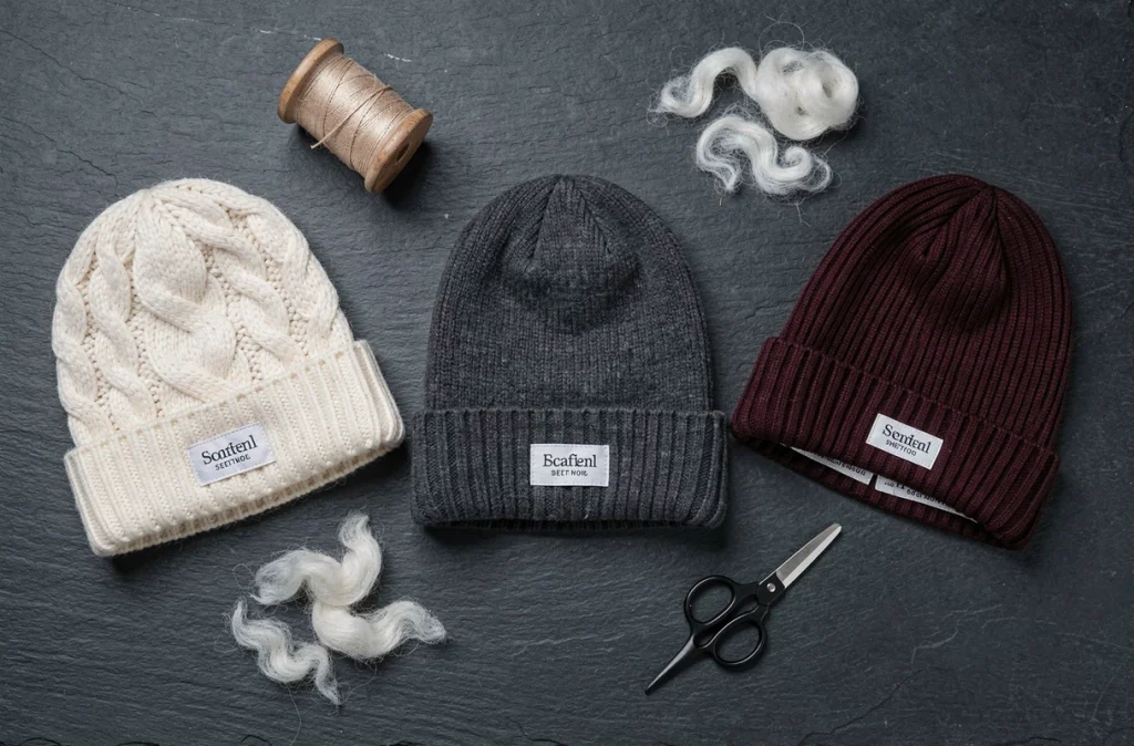 Comparaison de trois bonnets premium aux finitions soignées en laine, cachemire et mérinos sur ardoise