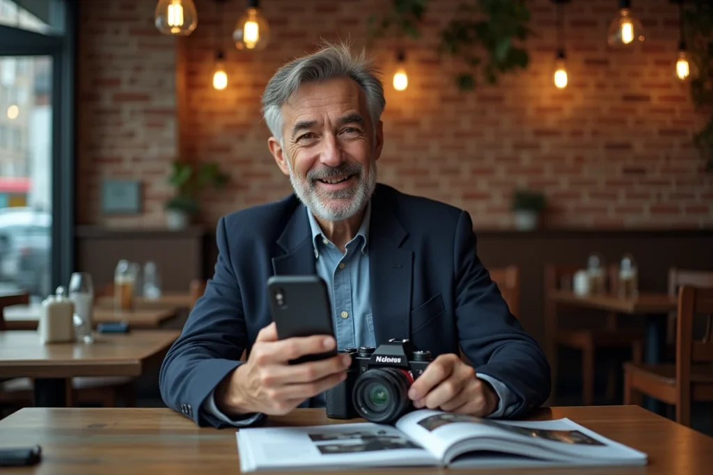 Homme comparant un smartphone et un appareil photo sans miroir dans un café, entouré de magazines photo pour décider d'investir dans un shooting professionnel