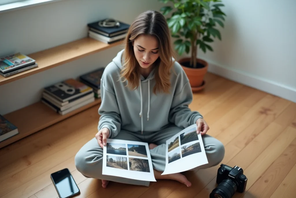 Jeune femme comparant des tirages photo issus d'un smartphone et d'un appareil reflex sur le sol de son bureau, illustrant la différence de qualité pour décider d'un shooting professionnel