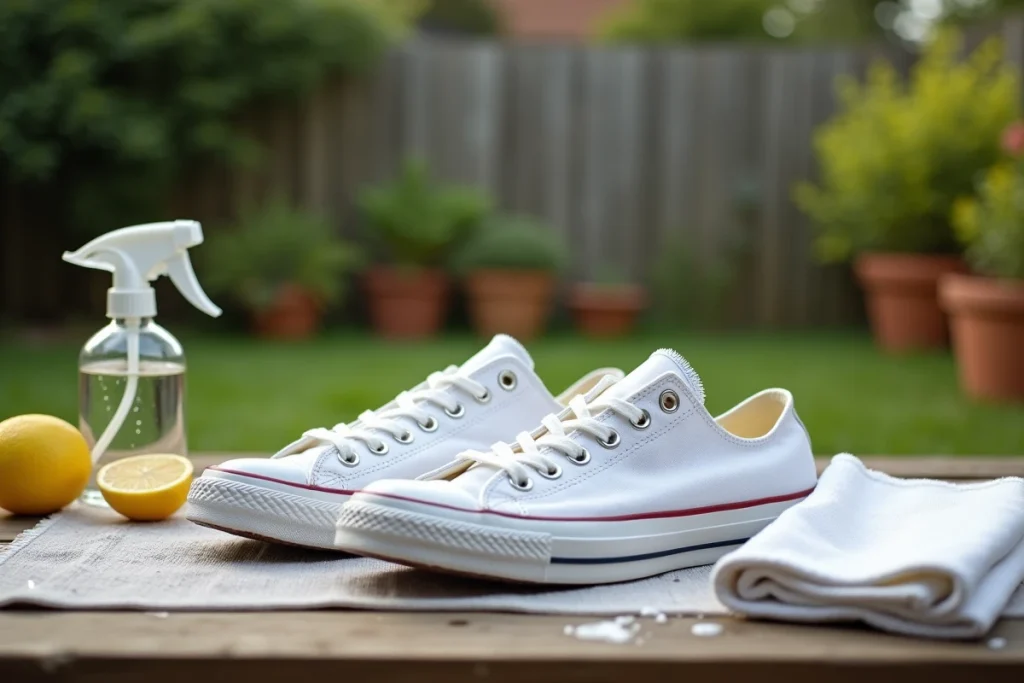Converse blanches propres séchant sur une serviette en coton dans un jardin avec des produits naturels comme le citron et un spray d'eau
