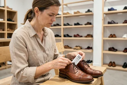 Femme comparant deux chaussures de pointures légèrement différentes dans un magasin de chaussures pour comprendre les correspondances de tailles UK