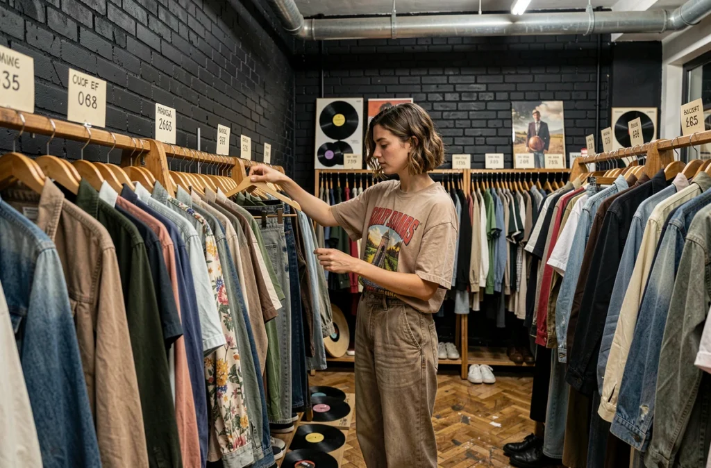 Intérieur du concept store vintage Cracra à Toulouse avec des portants en bois chargés de vêtements rétro et une cliente qui parcourt les collections