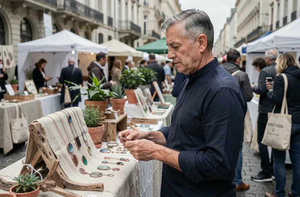 Créateur de bijoux en cuivre et verre de mer présentant sa collection écoresponsable lors d'un marché artisanal à Lyon
