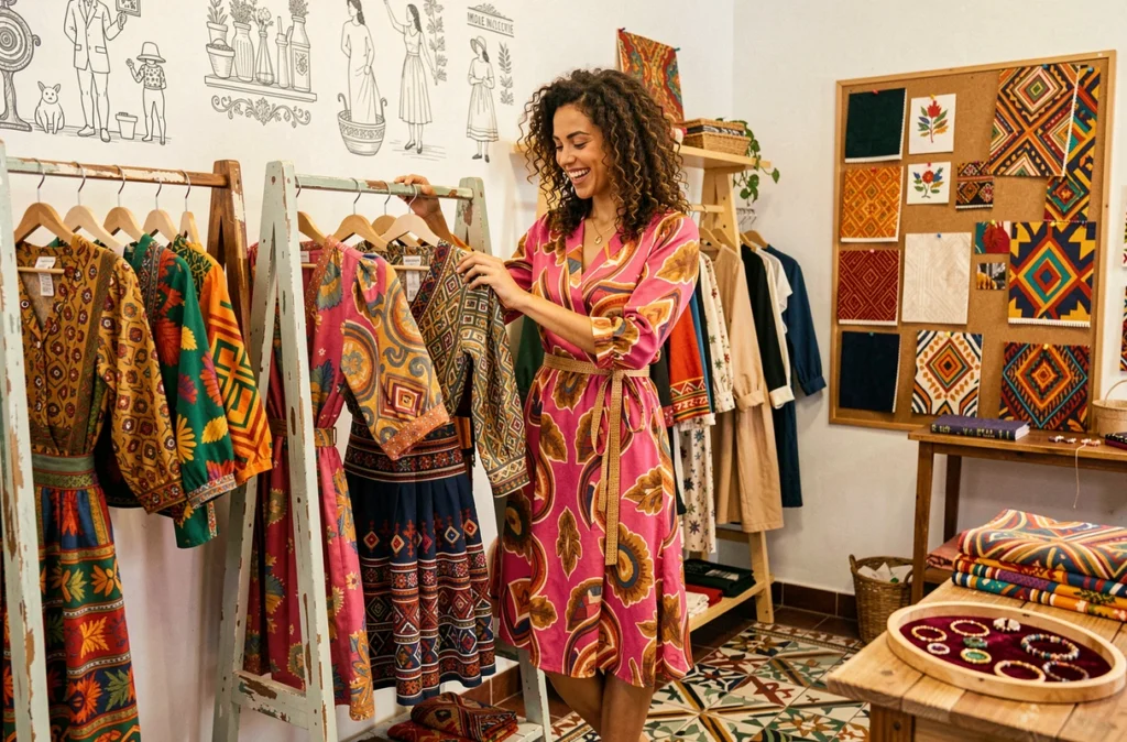 Boutique Creative Pink à Toulouse avec une créatrice présentant une robe imprimée à la main parmi des collections de vêtements made in Occitanie aux motifs colorés
