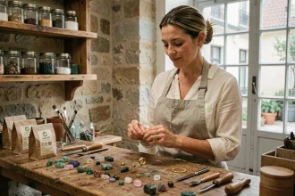 Créatrice française de bijoux écoresponsables examinant une bague en or recyclé dans son atelier parisien en pierre