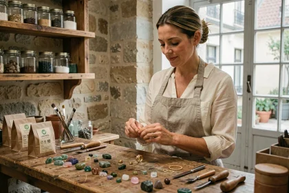Créatrice française de bijoux écoresponsables examinant une bague en or recyclé dans son atelier parisien en pierre