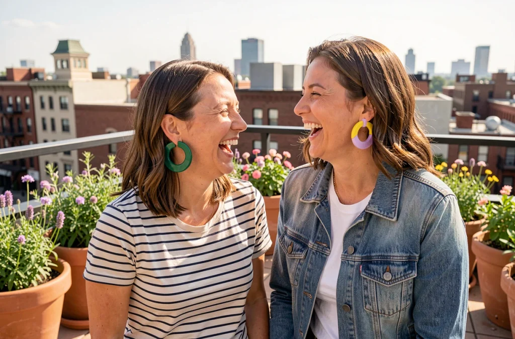Deux amies portant des créoles colorées sur une terrasse urbaine ensoleillée au printemps