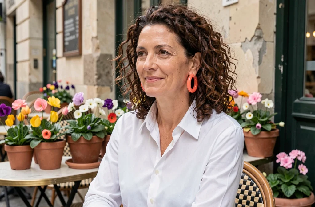 Femme aux cheveux bouclés portant des créoles en résine corail rouge dans un café parisien au printemps