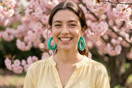 Femme portant de grandes créoles turquoise avec un chemisier en lin jaune pastel dans un jardin fleuri au printemps