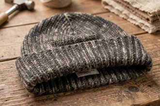 Détail de finition d'un bonnet premium en laine mérinos avec couture intérieure et bordure doublée sur bois naturel