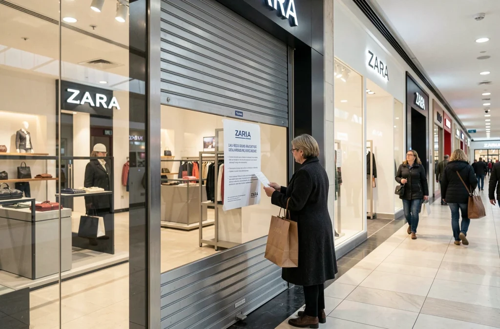 Devanture fermée d'un magasin Zara dans un centre commercial avec affichage des modalités de retour et remboursement