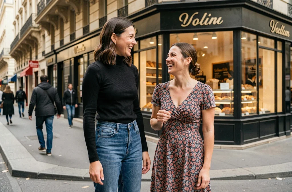 Deux femmes de tailles différentes dans une rue de Paris, illustrant la diversité des morphologies dans la mode contemporaine