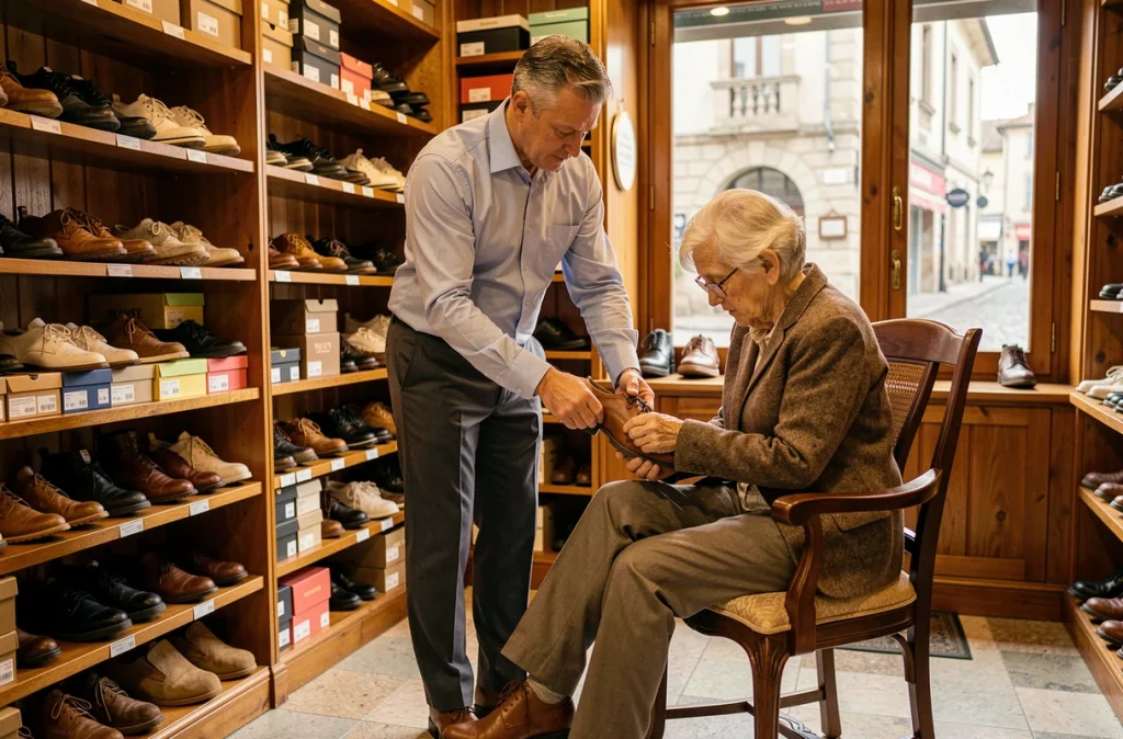 Vendeur de la boutique Doubrere à Lourdes aidant une cliente âgée à essayer une chaussure de marche en cuir dans un magasin traditionnel aux murs en bois avec vue sur rue pavée