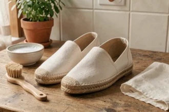 Espadrilles de créateur en toile sur un comptoir en bois avec brosse douce et eau savonneuse pour l'entretien