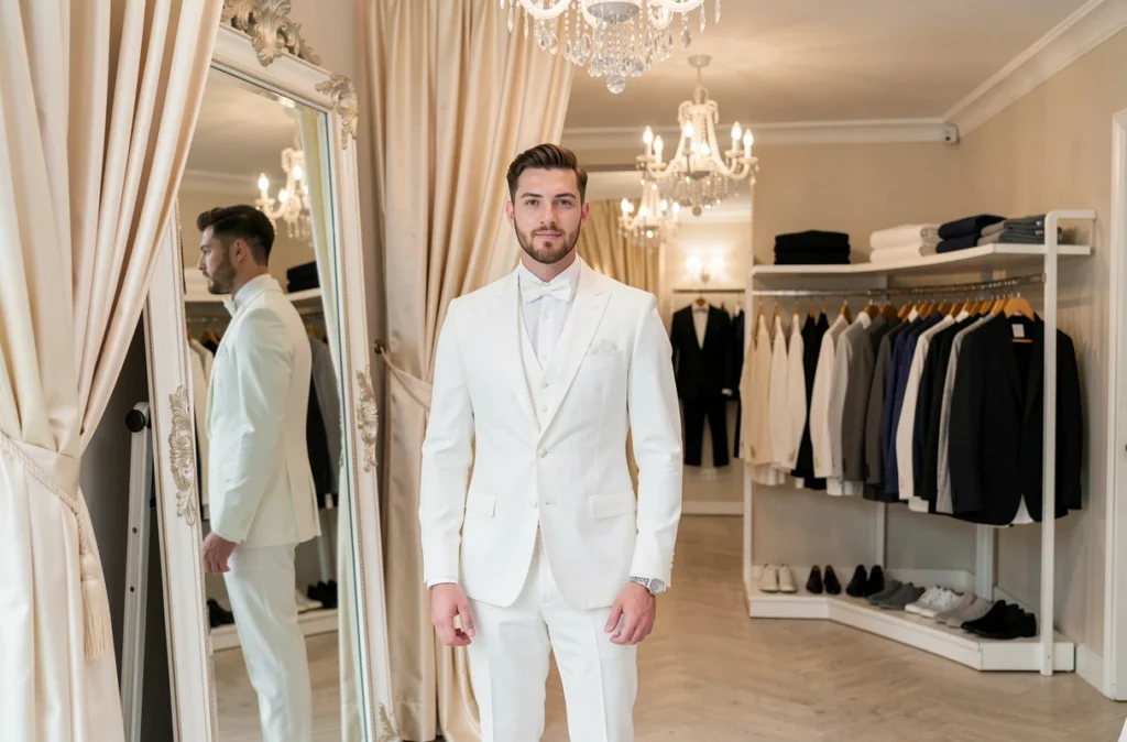 Un marié en costume blanc immaculé se regarde dans un grand miroir chez Espace Mariage à Rennes, dans un intérieur élégant avec des draperies en satin ivoire