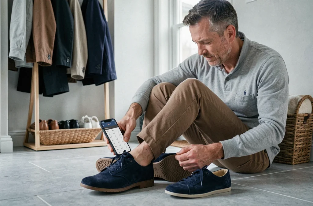 Homme essayant une chaussure sneaker chez lui en consultant un guide de correspondance des tailles UK sur son smartphone